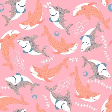 Seamless pattern with cute smilling pink and blue baby sharks with leaves on Stock Illustration