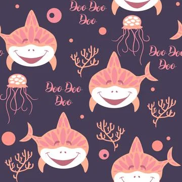 Seamless pattern with cute smilling pink baby shark with jellyfish, coral on Stock Illustration