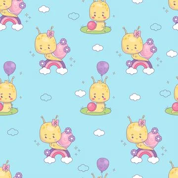 Seamless pattern with cute snail character. Funny kawaii insect on rainbow .. Illustrazione stock