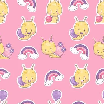 Seamless pattern with cute snail characters stickers on pink background. ka.. Illustrazione stock