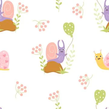 Seamless pattern with cute snails. Funny clam on stone with balloon and happy Illustrazione stock