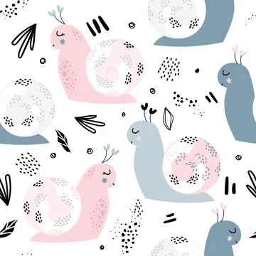 Seamless pattern with cute snails Stock Illustration