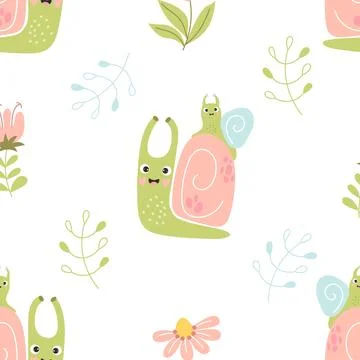 Seamless pattern with cute snails. Snail mother with baby on shell - happy fa Stock Illustration