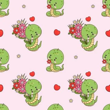Seamless pattern with cute snake with flowers on pink background with hearts イラスト素材