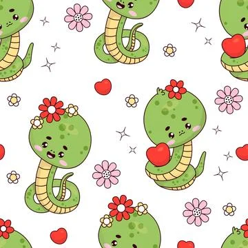 Seamless pattern with cute snake on white background with hearts and daisie.. Stockillustratie