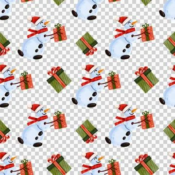 Seamless pattern with cute snowmen and gifts. Hand-drawn watercolor illustration Stock Illustration