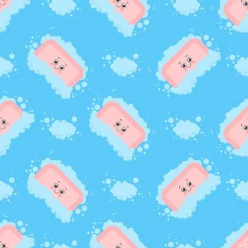 Seamless pattern with cute soap character and foam. Vector illustration Stock Illustration