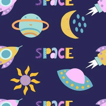 Seamless pattern with cute space elements on blue background in vector graphic Illustrazione stock