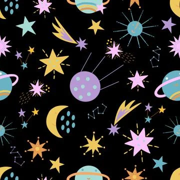 Seamless pattern with cute space elements on black background in vector graphic Stock Illustration