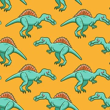 Seamless pattern cute spinosaurus in Asian kawaii style. Dinosaur, prehistoric Stock Illustration