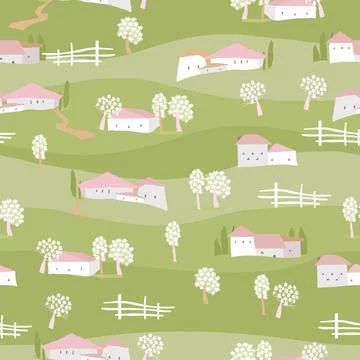 Seamless Pattern with Cute Spring Rustic Landscape Stock Illustration