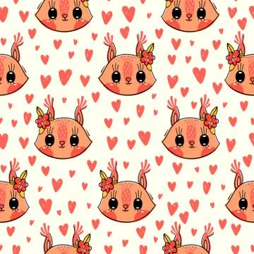 Seamless pattern with cute squirrel face with a barrettes flowers. Fashion Stock Illustration