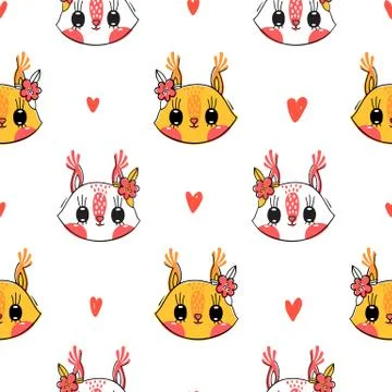 Seamless pattern with cute squirrel face with a barrettes flowers. Fashion Stock Illustration