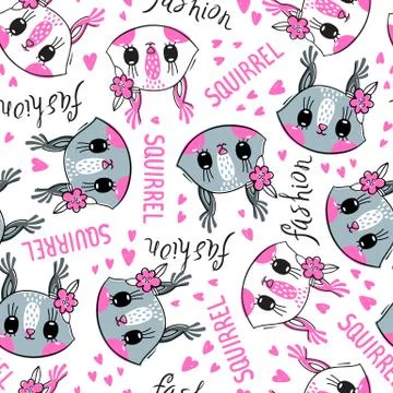 Seamless pattern with cute squirrel face with a barrettes flowers. Fashion Stock Illustration