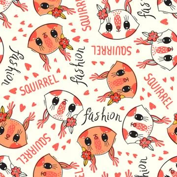 Seamless pattern with cute squirrel face with a barrettes flowers. Fashion Illustrazione stock