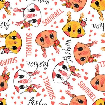 Seamless pattern with cute squirrel face with a barrettes flowers. Fashion Stock Illustration