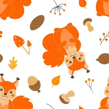 Seamless pattern with cute squirrels, cones, mushrooms, acorns and twigs wi.. Stock Illustration