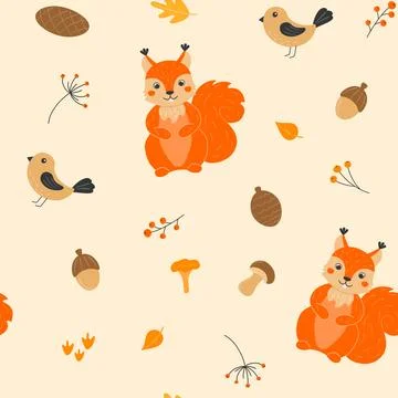 Seamless pattern with cute squirrels, mushrooms, cones, acorns, birds and a.. Stock Illustration