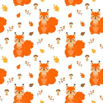 Seamless pattern with cute squirrels, mushrooms, leaves and twigs. Illustrazione stock