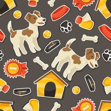 Seamless pattern with cute sticker dogs, icons and objects イラスト素材