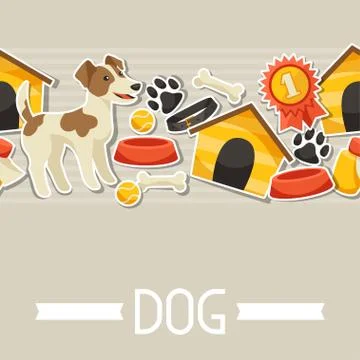 Seamless pattern with cute sticker dogs, icons and objects イラスト素材