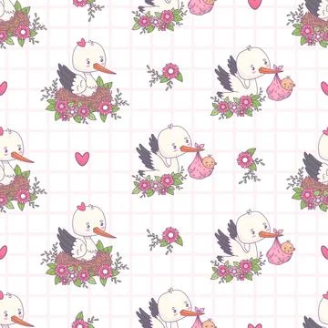 Seamless pattern with cute stork and newborn baby girl on white checkered b.. Stock Illustration