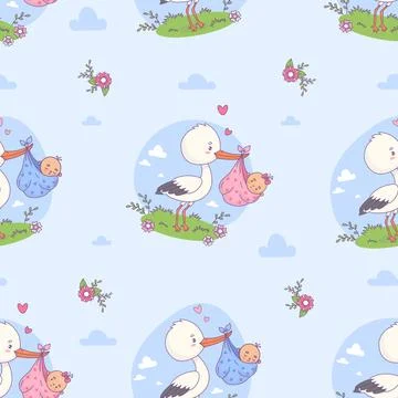 Seamless pattern with cute stork holds bundle in its beak with newborn baby.. Stock Illustration