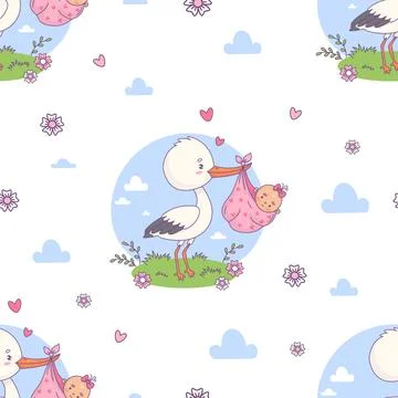Seamless pattern with cute stork in its beak bundle with newborn baby girl .. Stock Illustration