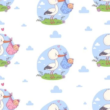 Seamless pattern with cute stork with newborn babies boy and girl on white .. イラスト素材