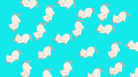 Seamless Pattern of Cute Stretching White Cats Illustration on Blue Background Stock Footage 345540000