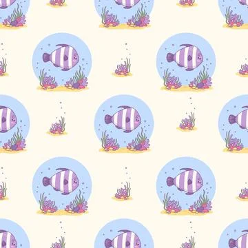 Seamless pattern with cute striped tropical fish with seaweed on light back.. Stock Illustration