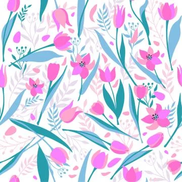 Seamless pattern of cute stylish tulips. Spring illustration. Stock Illustration