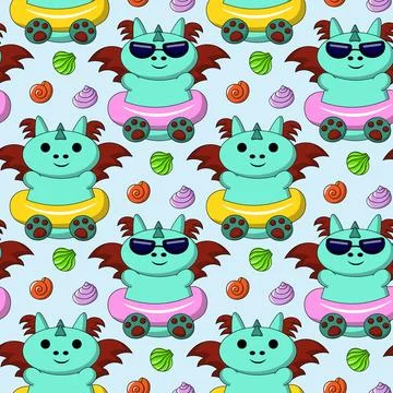 Seamless pattern with cute summer dragon on water Illustrazione stock