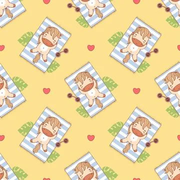 Seamless pattern Cute Summer Little Horse relaxing Sunbathing on beach towe.. Illustrazione stock