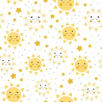 Seamless pattern with cute sun character in childish style Stock Illustration