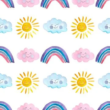 Seamless pattern of cute sun, clouds and rainbow, hand painted primitive art 스톡 일러스트