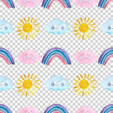 Seamless pattern of cute sun, clouds and rainbow, hand painted primitive art Stock Illustration