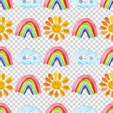 Seamless pattern of cute sun, rainbow, clouds with faces. Hand painted primitive Stock Illustration