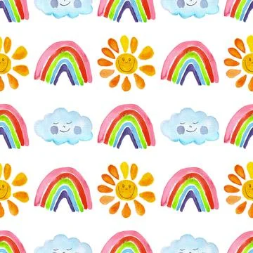 Seamless pattern of cute sun, rainbow, clouds with faces. Hand painted primitive Stock Illustration