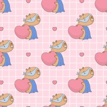 Seamless Pattern Cute Superhero Capybara in hero mask and raincoat with big.. Stock Illustration