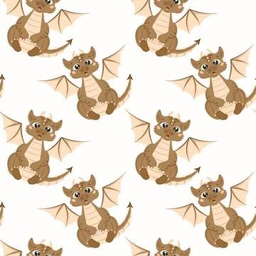 Seamless pattern with a cute surprised dragon on a white background in cart.. Stock Illustration