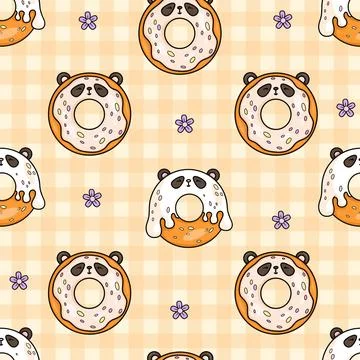 Seamless pattern with cute sweet donut panda bear. Funny kawaii cartoon cha.. Stock Illustration