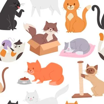 Seamless pattern with cute tabby kittens. Cartoon character childish kitty Stock Illustration