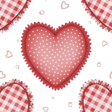 Seamless pattern with cute tattersall and polka dot hearts with cute ruffles. 스톡 일러스트