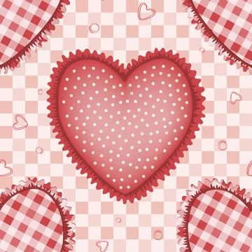 Seamless pattern with cute tattersall and polka dot hearts with cute ruffle.. Stock Illustration