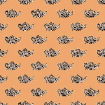 Seamless pattern with cute teapots. Background of doodle kettle decorative ce Illustrazione stock