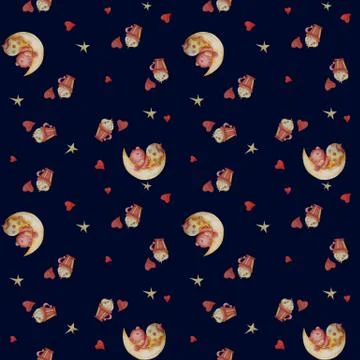 Seamless pattern with cute teddy bear sleeping on the moon and sweets. Cup with Stock Illustration