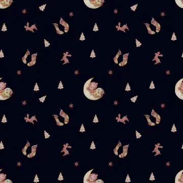 Seamless pattern with cute teddy bear sleeping on the moon. Starry night sky Stock Illustration