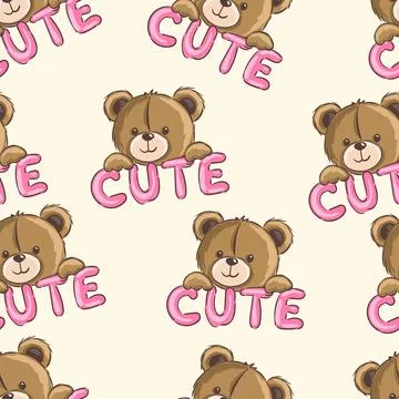 Seamless pattern with cute teddy bear and pink text on light background Stock Illustration