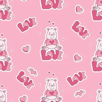 Seamless Pattern Cute Teddy Bear Sitting On Love Lettering. Monochromatic P.. Stock Illustration